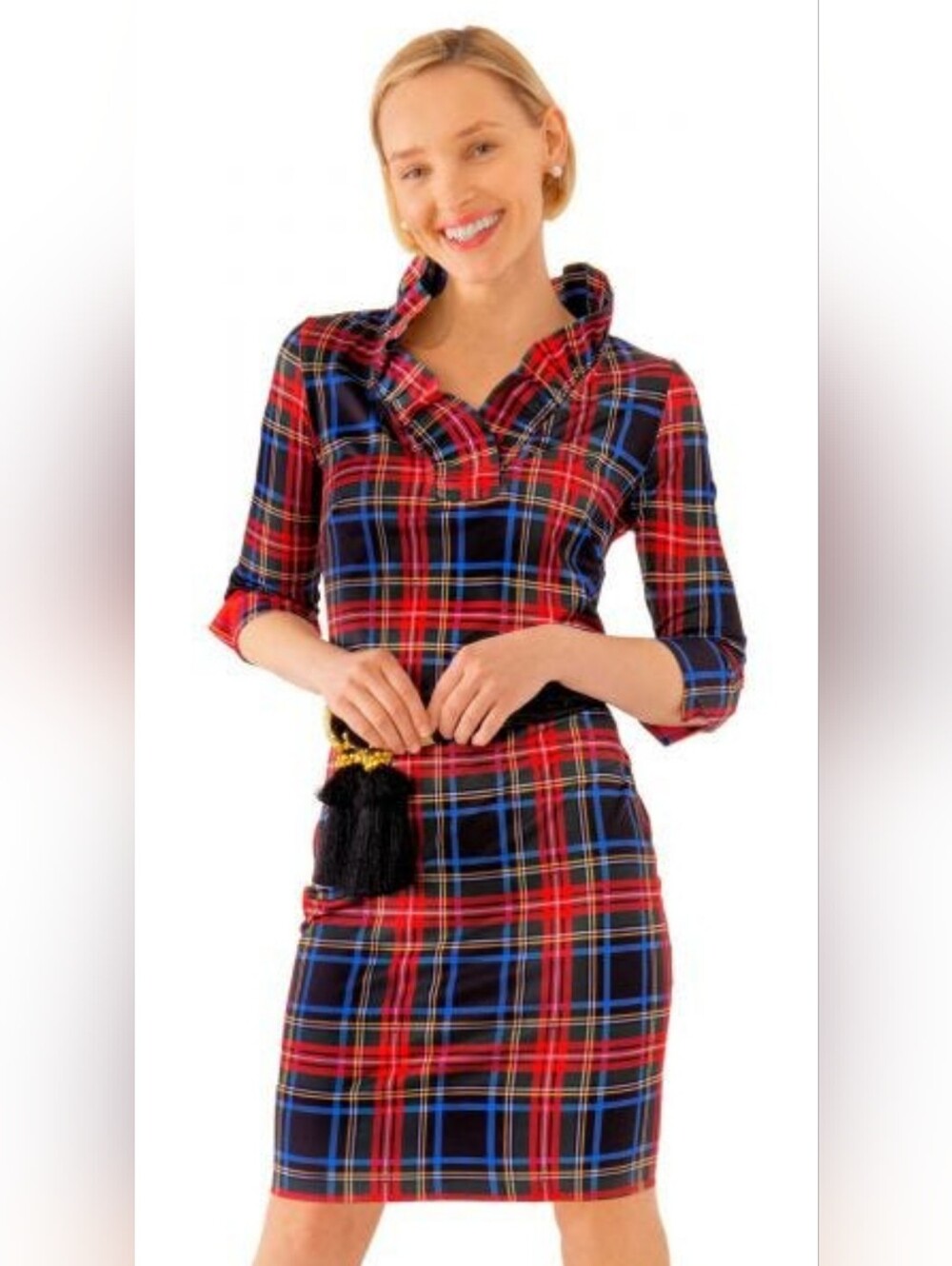 Gretchen Scott Black Plaid Ruff Neck Dress Sz M